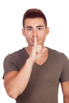 Young casual men with silence gesture isolated on a white background