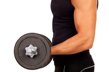 Handsome muscled with dumbbell isolated on a white background