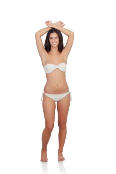 Attractive brunette girl with bikini isolated on a white background