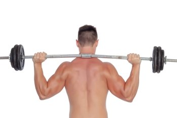 Muscular young man lifting weights isolated on a white background
