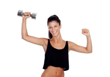 Happy fitness woman lifting dumbbells isolated on white background