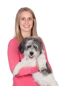 Attractive woman with her dog isolated on white background