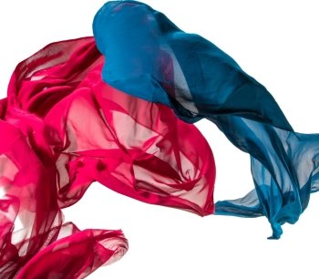 pieces of  red and blue fabric flying, high-speed studio shot
