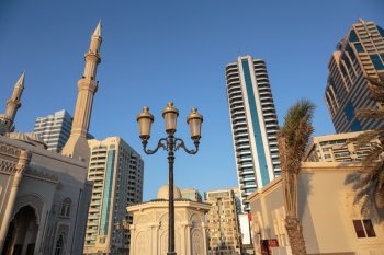 Mosque at sunrise in Sharjah, United Arab Emirates