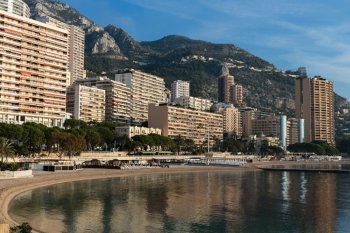 MONACO - NOVEMBER 2, 2014: Panoramic view of the beach in Monte Carlo, Monaco. Principality of Monaco is a sovereign city state, located on the French Riviera