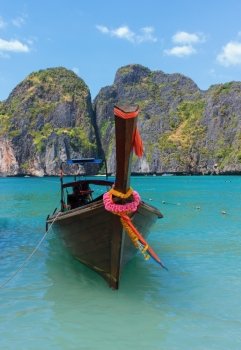 Traditional Thai boat and island of Phi Phi Leh ,Thailand