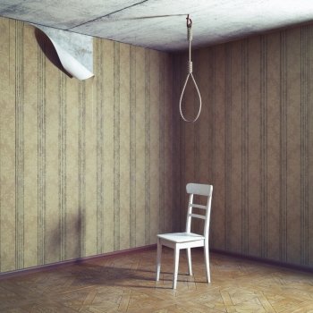 chair and noose in empty grunge room. 3d concept