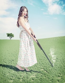 beautiful young girl hunter . Creative concept photo and cg elements combinated