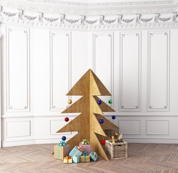Plywood Christmas tree in the luxury interior. 3d concept