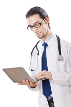 Male doctor working on laptop