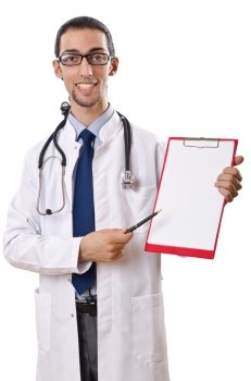 Doctor with blank binder on white