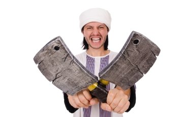 Arab man with axe on white