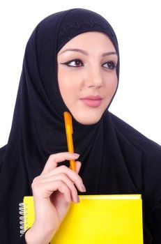 Young muslim woman with book on white