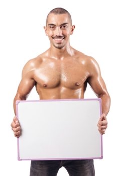 Half naked man with blank board