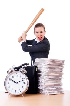 Angry woman with baseball bat under stress missing deadline