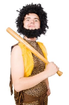 Funny cave man with baseball bat isolated on white