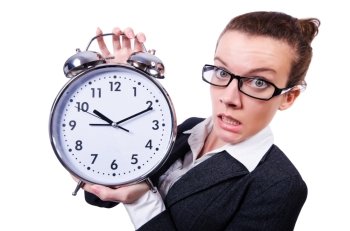 Funny woman with clock on white