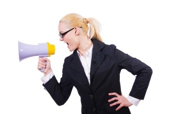 Woman businesswoman with loudspeaker on white