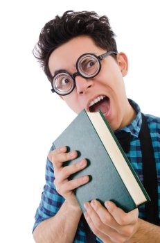 Funny student with books on white