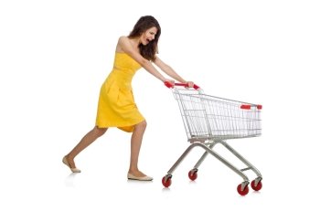 Woman with shopping trolley isolated on white