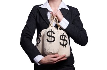 Woman with sacks of money on white