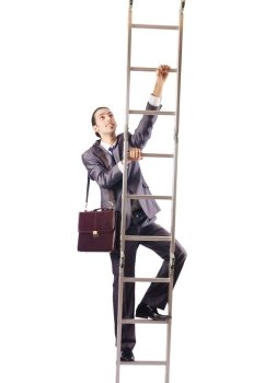 Businessman climbing the ladder isolated on white