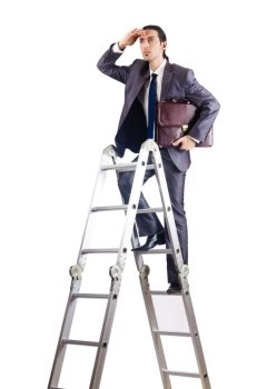 Businessman climbing career ladder on white