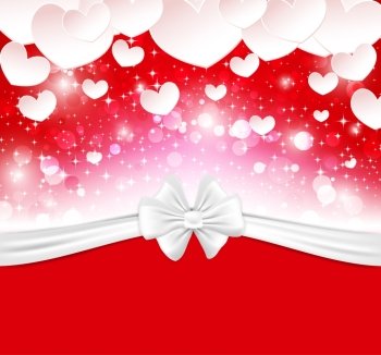 Glowing background with paper hearts, bow, ribbons and empty space for your text