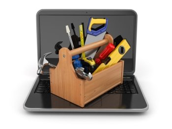 Online support. Laptop and toolbox on white isolated background. 3d