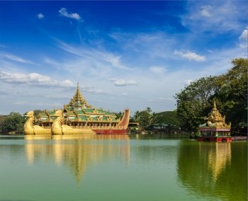 Yangon icon landmark and tourist attraction  Karaweik - replica of a Burmese royal barge at Kandawgyi Lake, Yangon, Myanmar Burma