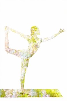 Nature harmony healthy lifestyle concept. Double exposure image of Lord of the Dance Pose Natarajasana asana exercise isolated on white background. Double exposure image of woman doing yoga asana