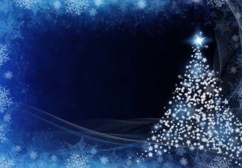 Blue Abstract Christmas Background With Tree, Snow, Snowflakes And Stars