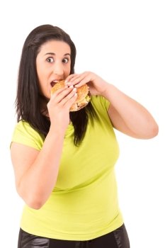 Beautiful large woman, could not resist to an appetizing hamburger, and kills her diet