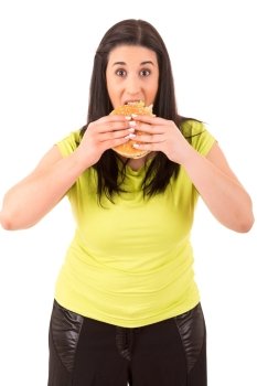 Beautiful large woman, could not resist to an appetizing hamburger, and kills her diet