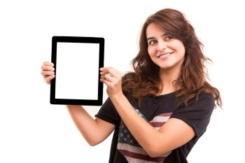 Happy young woman presenting your product in a tablet computer