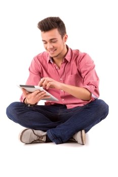 Young  happy student working with a new digital tablet computer, isolated
