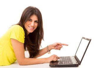Young woman presenting your product on a  laptop