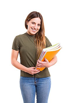Studio shot of a young woman carrying some books