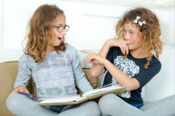 Two sisters reading a book