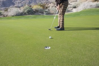 Low section of senior male golfer putting ball into hole at golf course