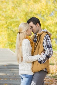 Couple kissing in park during autumn