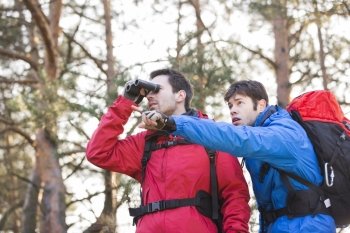 Hiker using binoculars while friend showing him something in forest