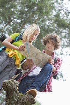 Low angle view of hiking couple reading map together in forest