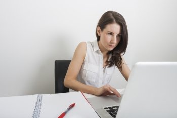 Beautiful businesswoman using laptop at desk in office