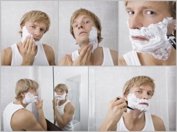 Collage of young man shaving in bathroom