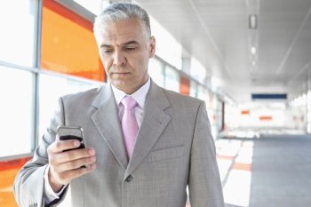Middle aged businessman text messaging through cell phone at railroad station