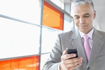 Middle aged businessman using cell phone at railroad station