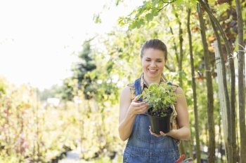 Happy woman looking at potted plant in garden