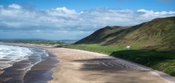 Panorama landscape Rhosilli Bay beach in Wales