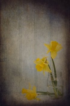 Vintage still life of Spring flowers with aged texture filter effect applied